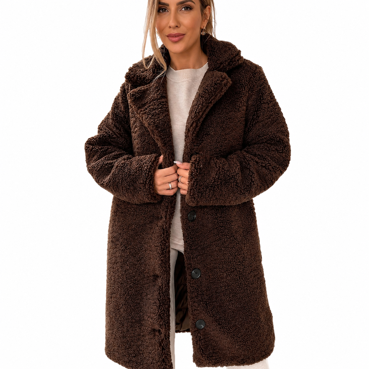 Women's Long Teddy Coat – Oversized Fit with Button Front Closure, Notched Lapel