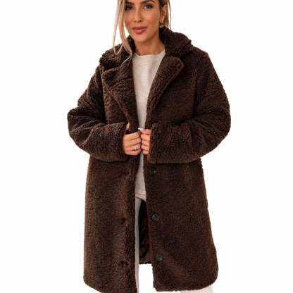 Women's Long Teddy Coat – Oversized Fit with Button Front Closure, Notched Lapel
