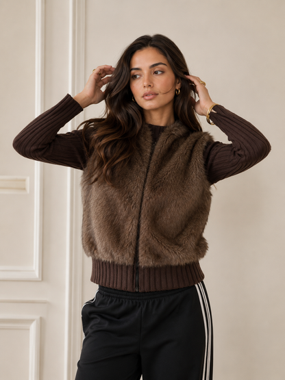 Women's Knitted Mini Cardigan – Long Sleeve with Faux Fur Accents