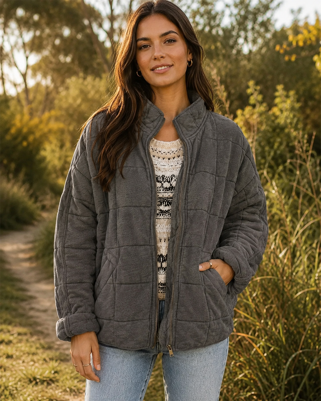 Quilted Jacket | Zip Front Casual Layer with Stand Collar for Stylish Comfort 1
