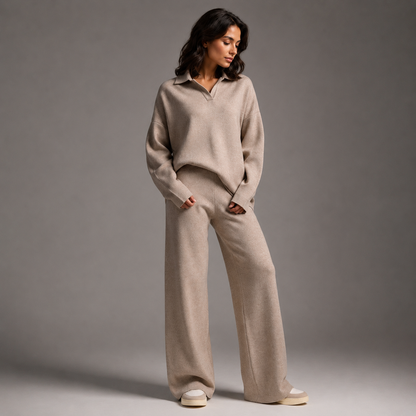Luxe Knit Lounge Set | Soft Two-Piece Outfit with Elegant Collar | Comfortable Style for Everyday Relaxation