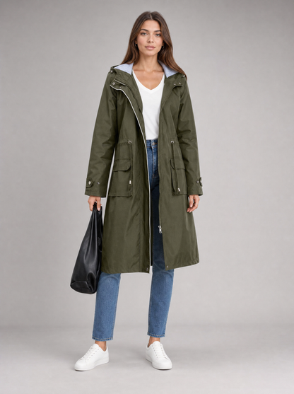 Women's Long Rain Jacket with Adjustable Hood | Waterproof Protection for All-Weather Wear