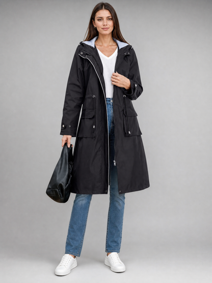 Women's Long Rain Jacket with Adjustable Hood | Waterproof Protection for All-Weather Wear
