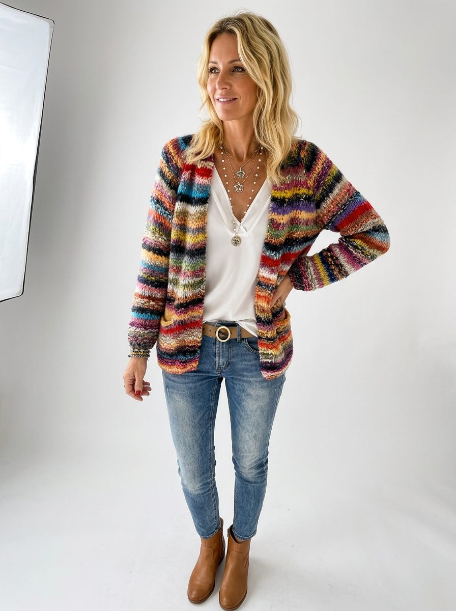 Women's Colorful Striped Knit Cardigan – Open Front, Long Sleeve, Relaxed Fit