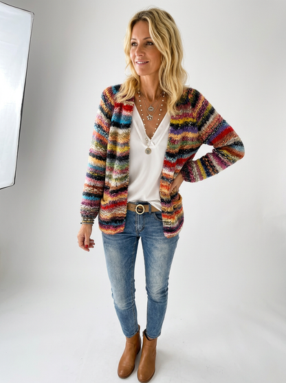 Women's Colorful Striped Knit Cardigan – Open Front, Long Sleeve, Relaxed Fit