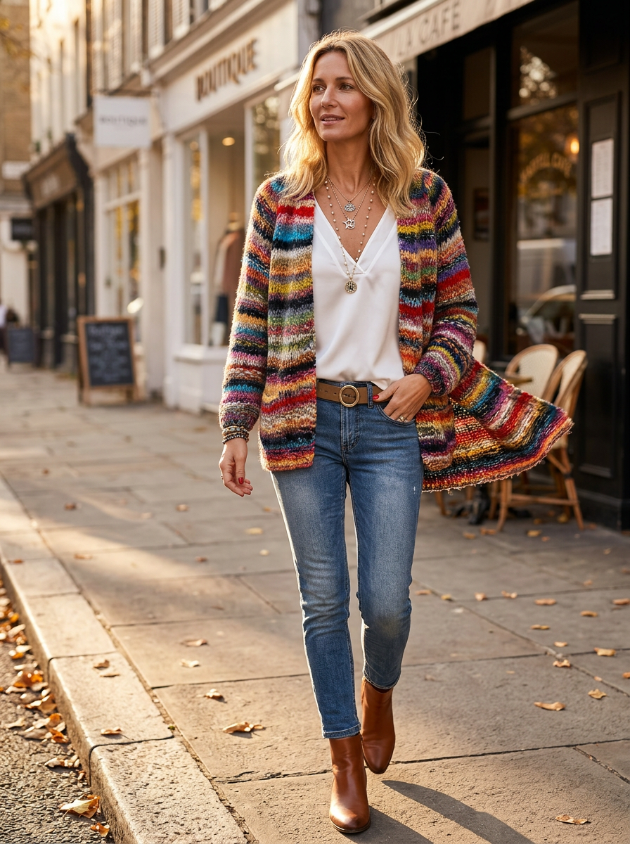 Women's Colorful Striped Knit Cardigan – Open Front, Long Sleeve, Relaxed Fit