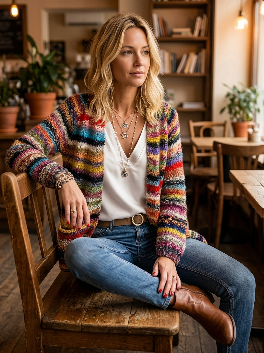 Women's Colorful Striped Knit Cardigan – Open Front, Long Sleeve, Relaxed Fit