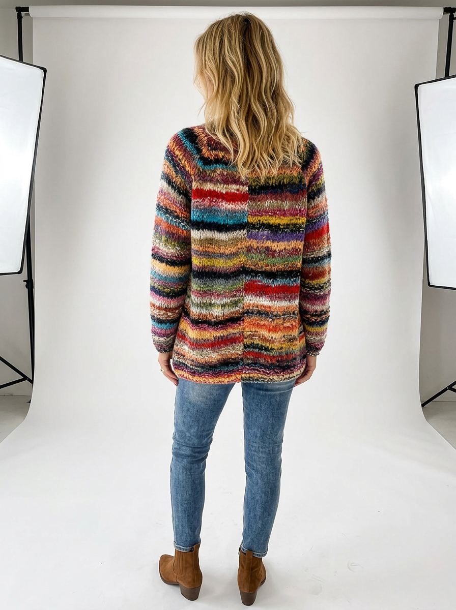 Women's Colorful Striped Knit Cardigan – Open Front, Long Sleeve, Relaxed Fit