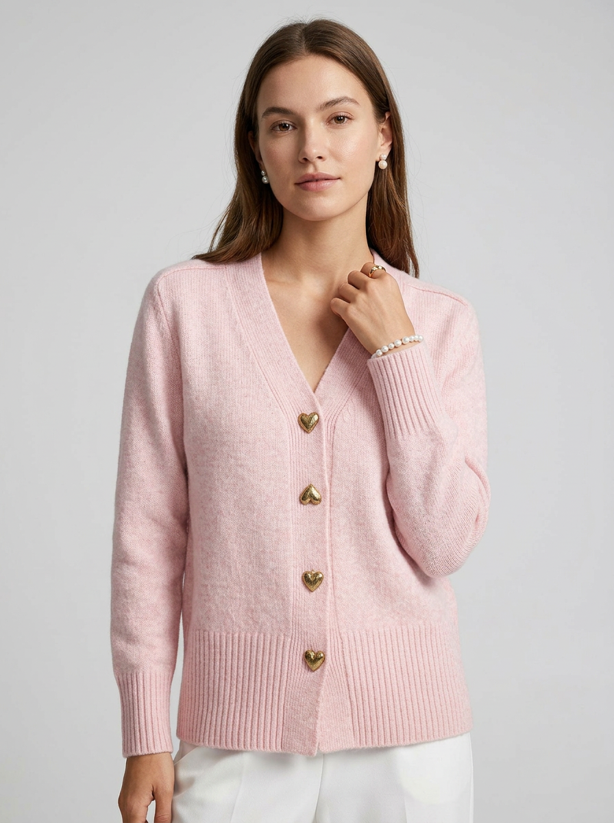 Women's Long Sleeve Cardigan – V-Neck with Button-Front and Heart-Shaped Buttons
