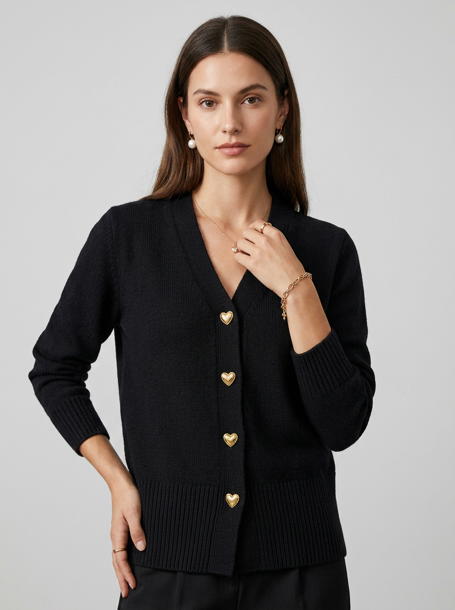 Women's Long Sleeve Cardigan – V-Neck with Button-Front and Heart-Shaped Buttons