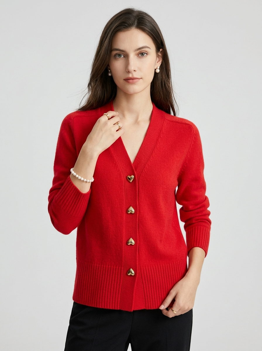 Women's Long Sleeve Cardigan – V-Neck with Button-Front and Heart-Shaped Buttons