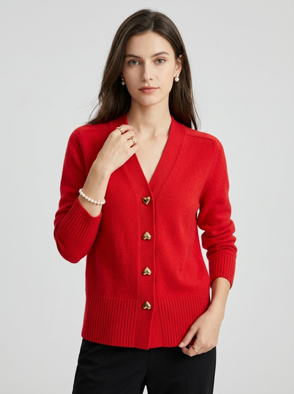 Women's Long Sleeve Cardigan – V-Neck with Button-Front and Heart-Shaped Buttons