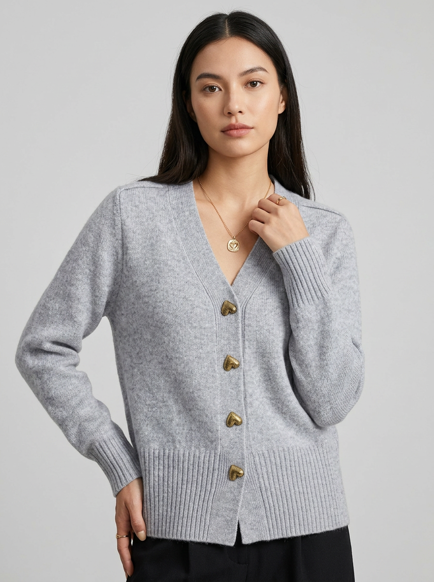 Women's Long Sleeve Cardigan – V-Neck with Button-Front and Heart-Shaped Buttons