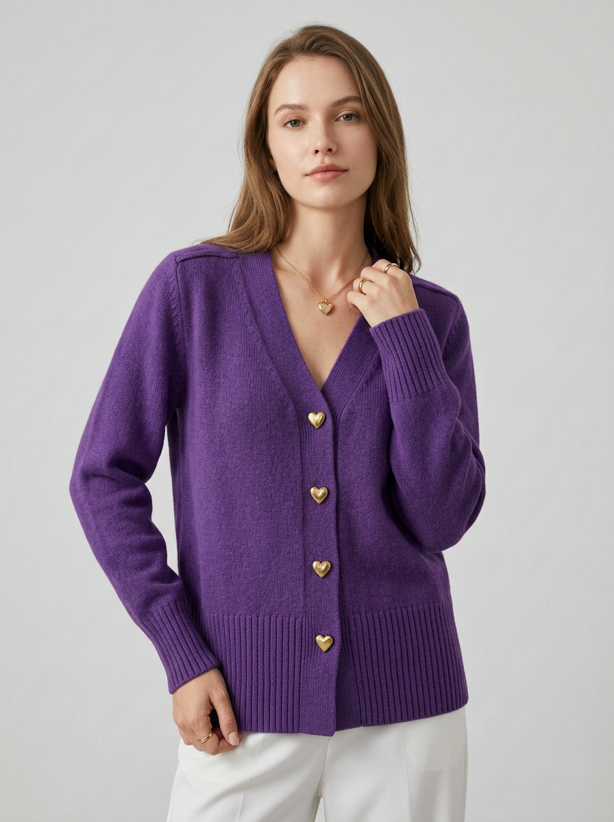 Women's Long Sleeve Cardigan – V-Neck with Button-Front and Heart-Shaped Buttons