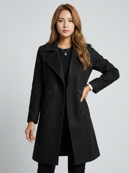 Women's Mid-Length Double Breasted Coat – Notched Lapel, Relaxed Fit