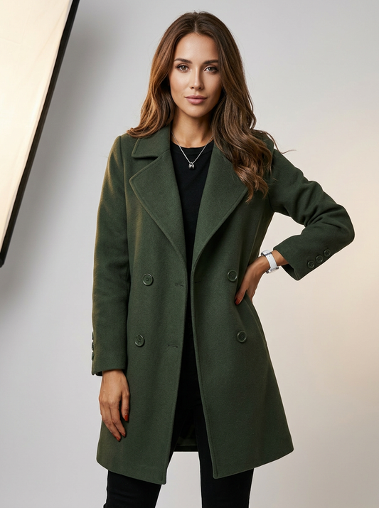 Women's Mid-Length Double Breasted Coat – Notched Lapel, Relaxed Fit