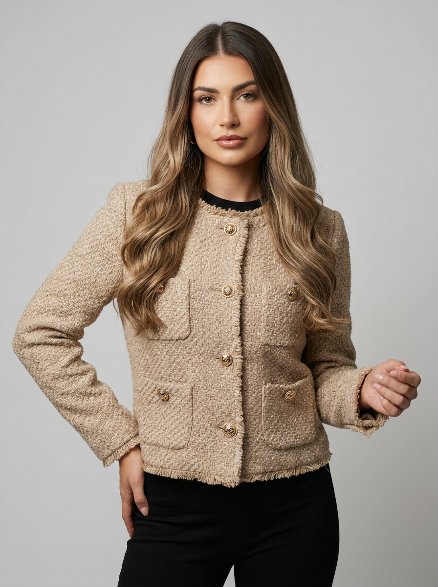 Women's Tweed Cropped Jacket – Boxy Fit with Gold-Tone Buttons