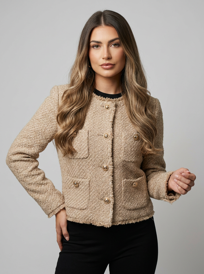 Women's Tweed Cropped Jacket – Boxy Fit with Gold-Tone Buttons