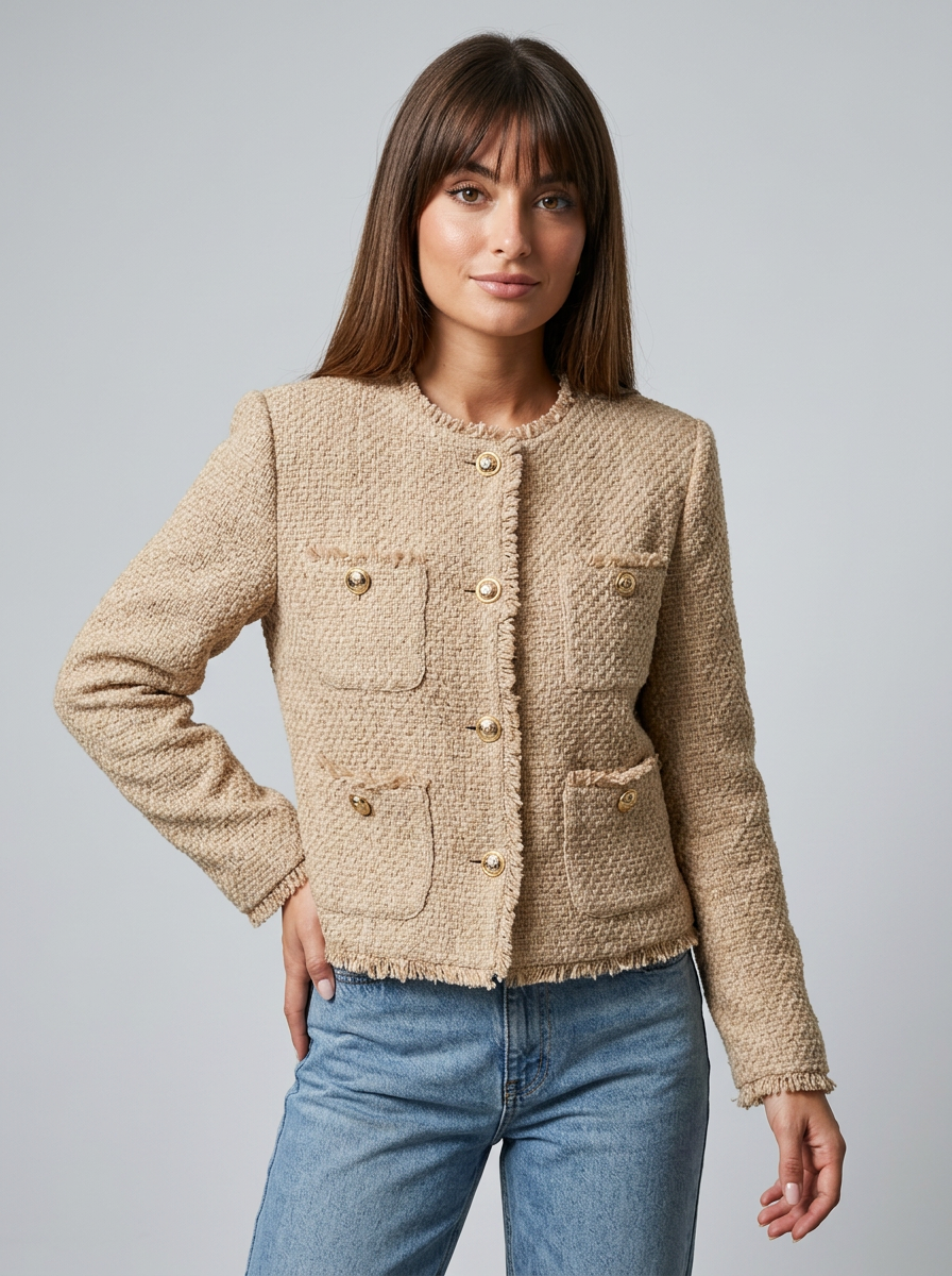 Women's Tweed Cropped Jacket – Boxy Fit with Gold-Tone Buttons