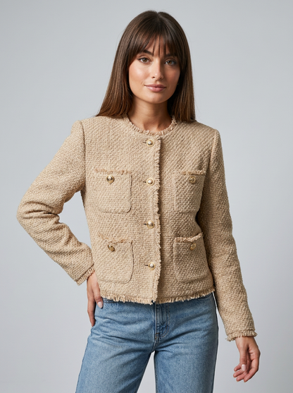 Women's Tweed Cropped Jacket – Boxy Fit with Gold-Tone Buttons