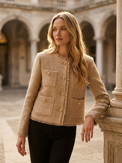 Women's Tweed Cropped Jacket – Boxy Fit with Gold-Tone Buttons