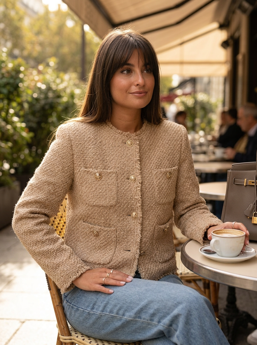 Women's Tweed Cropped Jacket – Boxy Fit with Gold-Tone Buttons