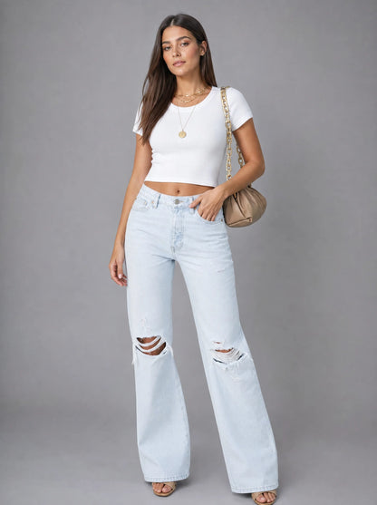 Women's High-Waisted Wide Leg Jeans with Distressed Knees