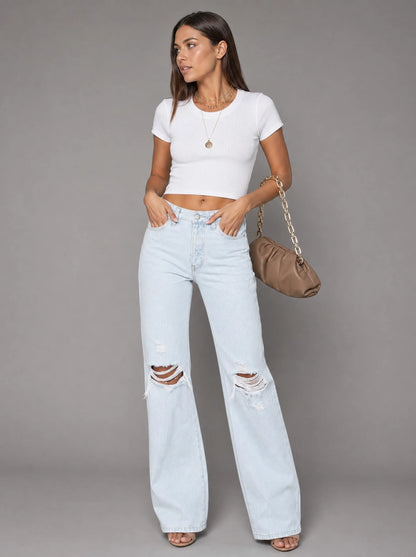 Women's High-Waisted Wide Leg Jeans with Distressed Knees