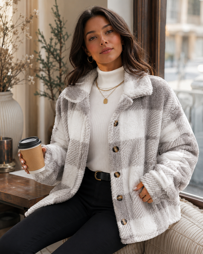 Women's Plaid Winter Jacket with Button-Up