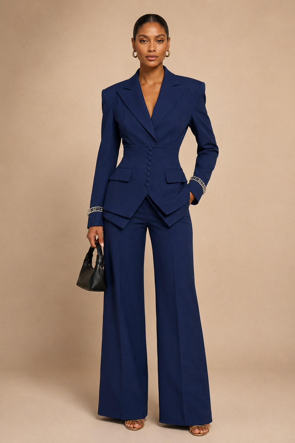 Women's Suit Set with Peaked Lapel Blazer & Wide-Leg Trousers