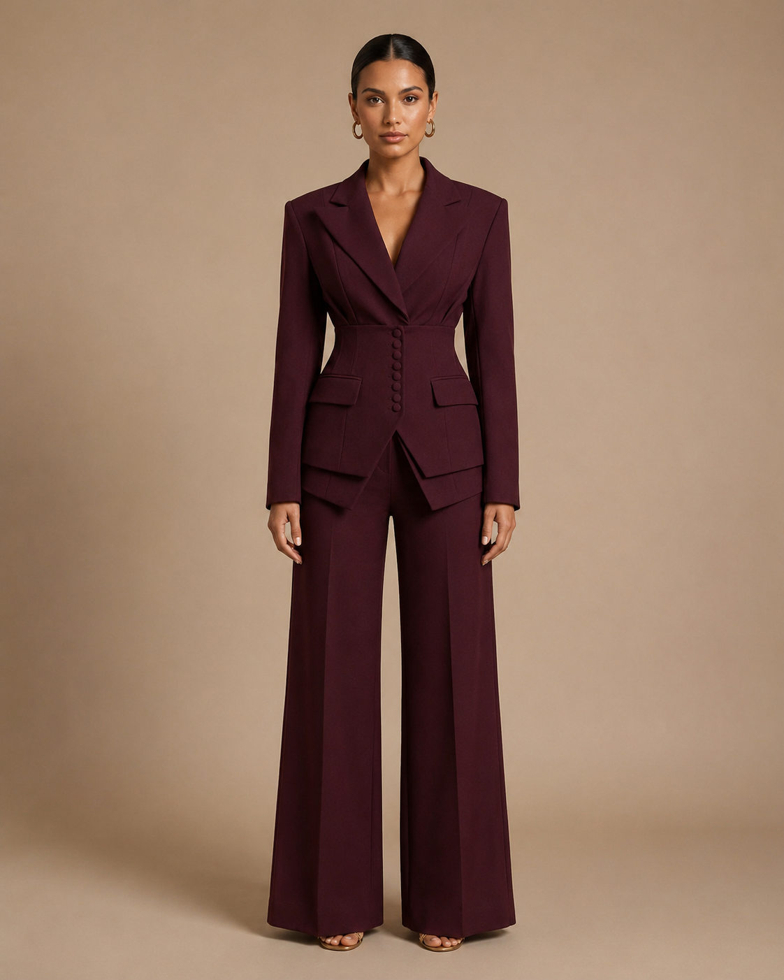 Women's Suit Set with Peaked Lapel Blazer & Wide-Leg Trousers