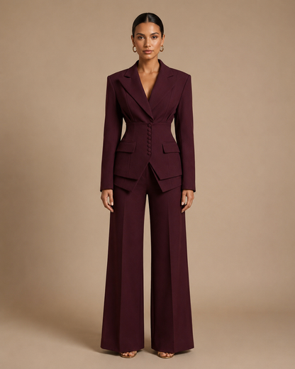 Women's Suit Set with Peaked Lapel Blazer & Wide-Leg Trousers
