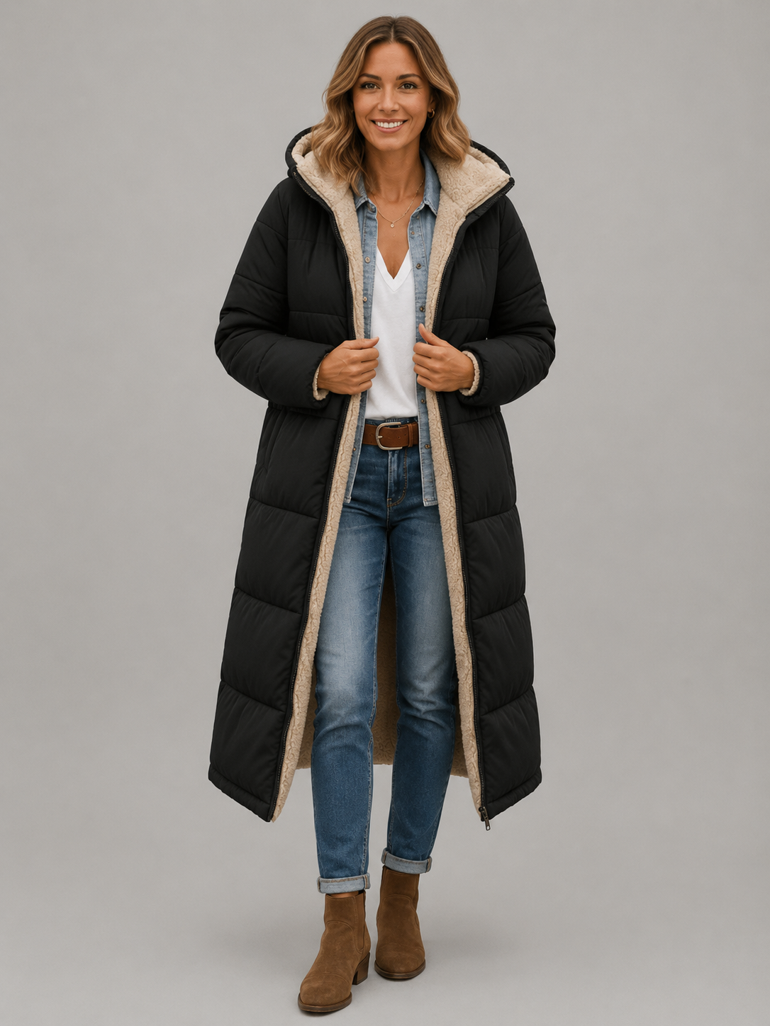 Hooded Longline Black Puffer Jacket | Ultra Warm & Lightweight Winter Coat for Women 1