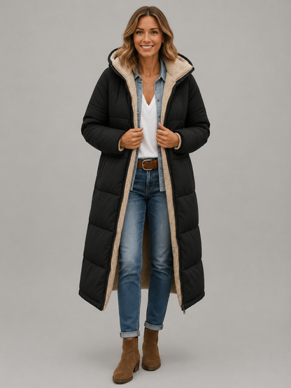 Hooded Longline Black Puffer Jacket | Ultra Warm & Lightweight Winter Coat for Women 1