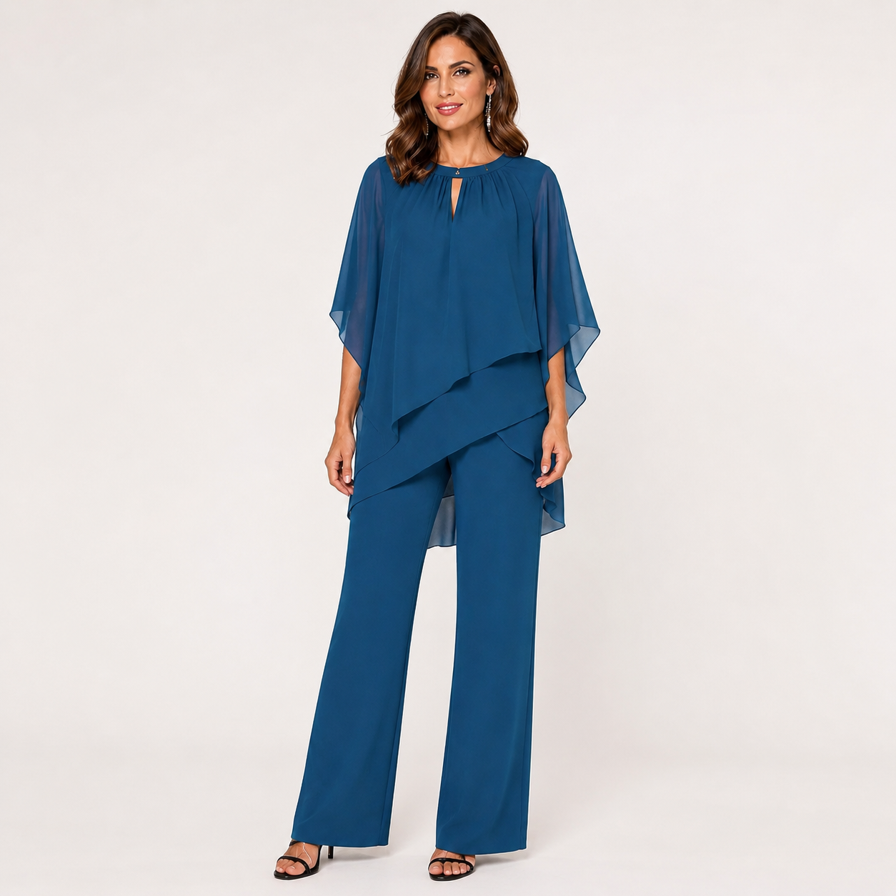 Womens Layered Two-Piece Set – Flowy Overlay Top With Wide-Leg Trousers 4