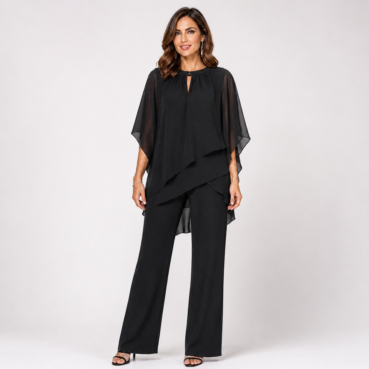 Womens Layered Two-Piece Set – Flowy Overlay Top With Wide-Leg Trousers 1