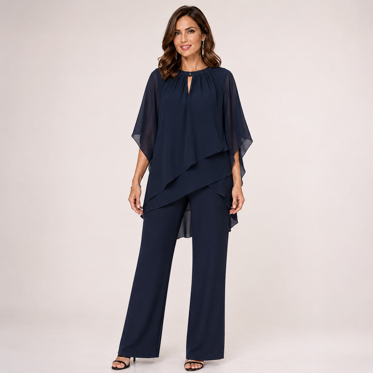 Womens Layered Two-Piece Set – Flowy Overlay Top With Wide-Leg Trousers 2