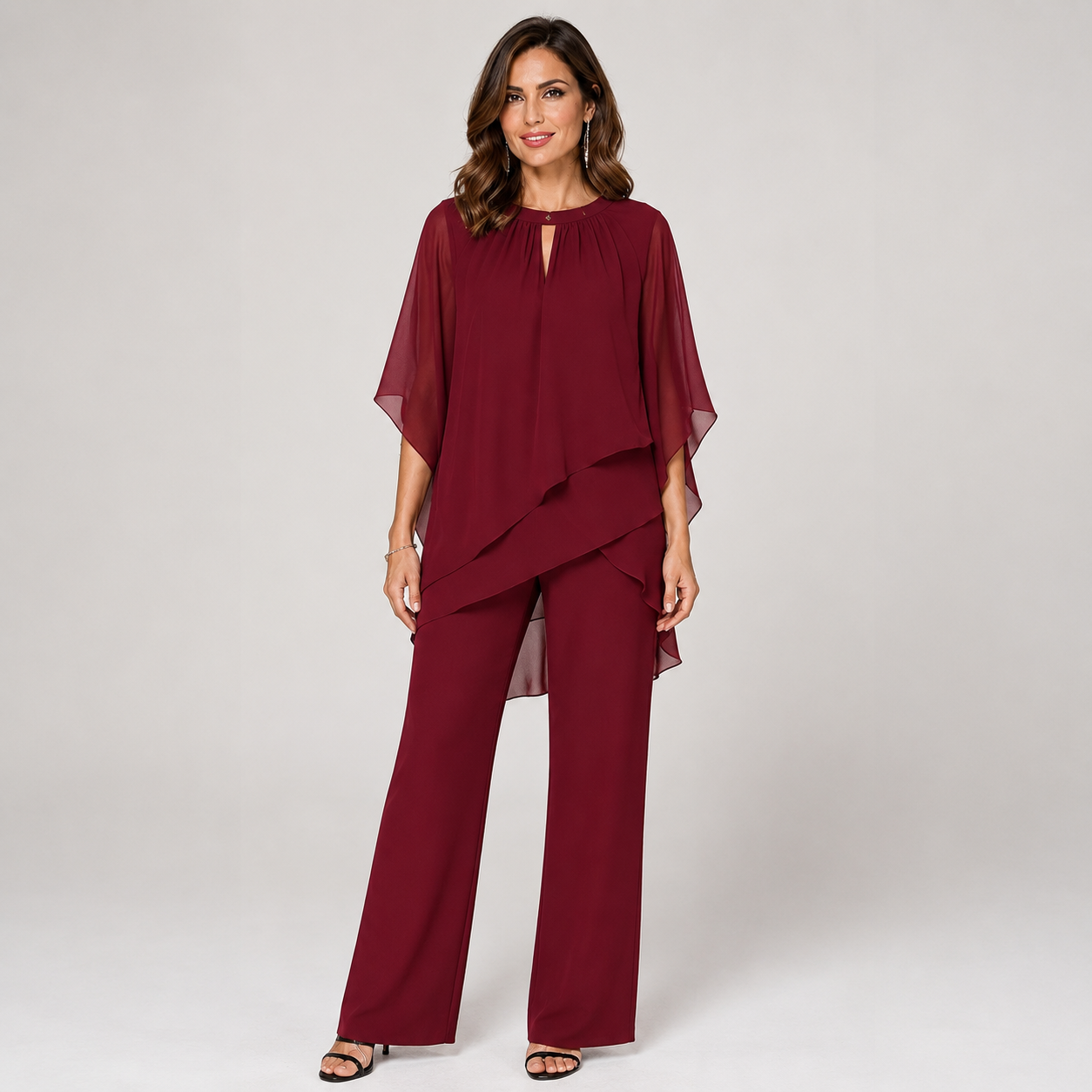 Womens Layered Two-Piece Set – Flowy Overlay Top With Wide-Leg Trousers 3