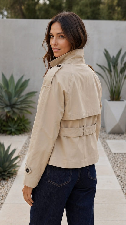 Women's Short Trench Coat – Double-Breasted Design with Waist Belt