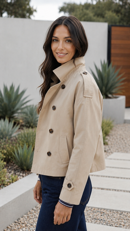 Women's Short Trench Coat – Double-Breasted Design with Waist Belt
