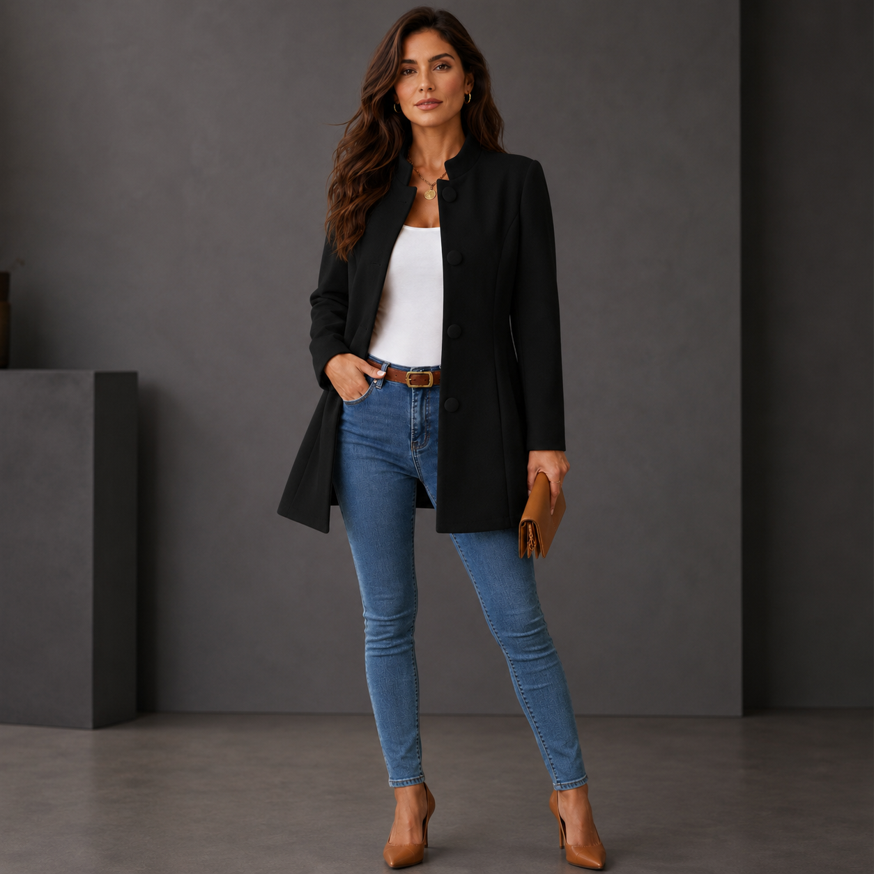 Women's Mid-Length A-Line Coat – Button Front Closure with Stand Collar