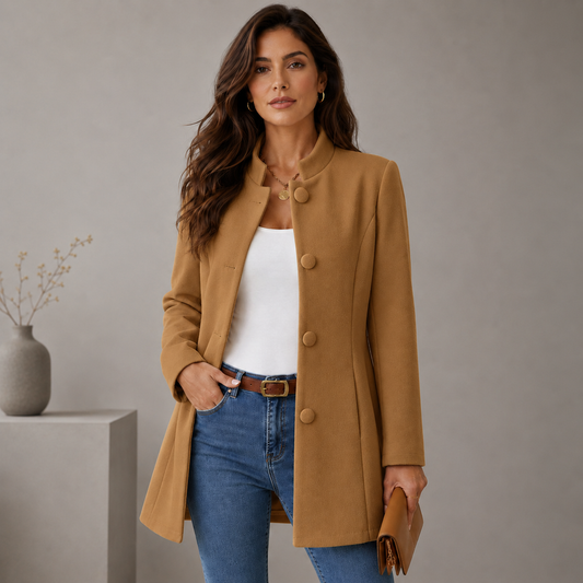 Women's Mid-Length A-Line Coat – Button Front Closure with Stand Collar