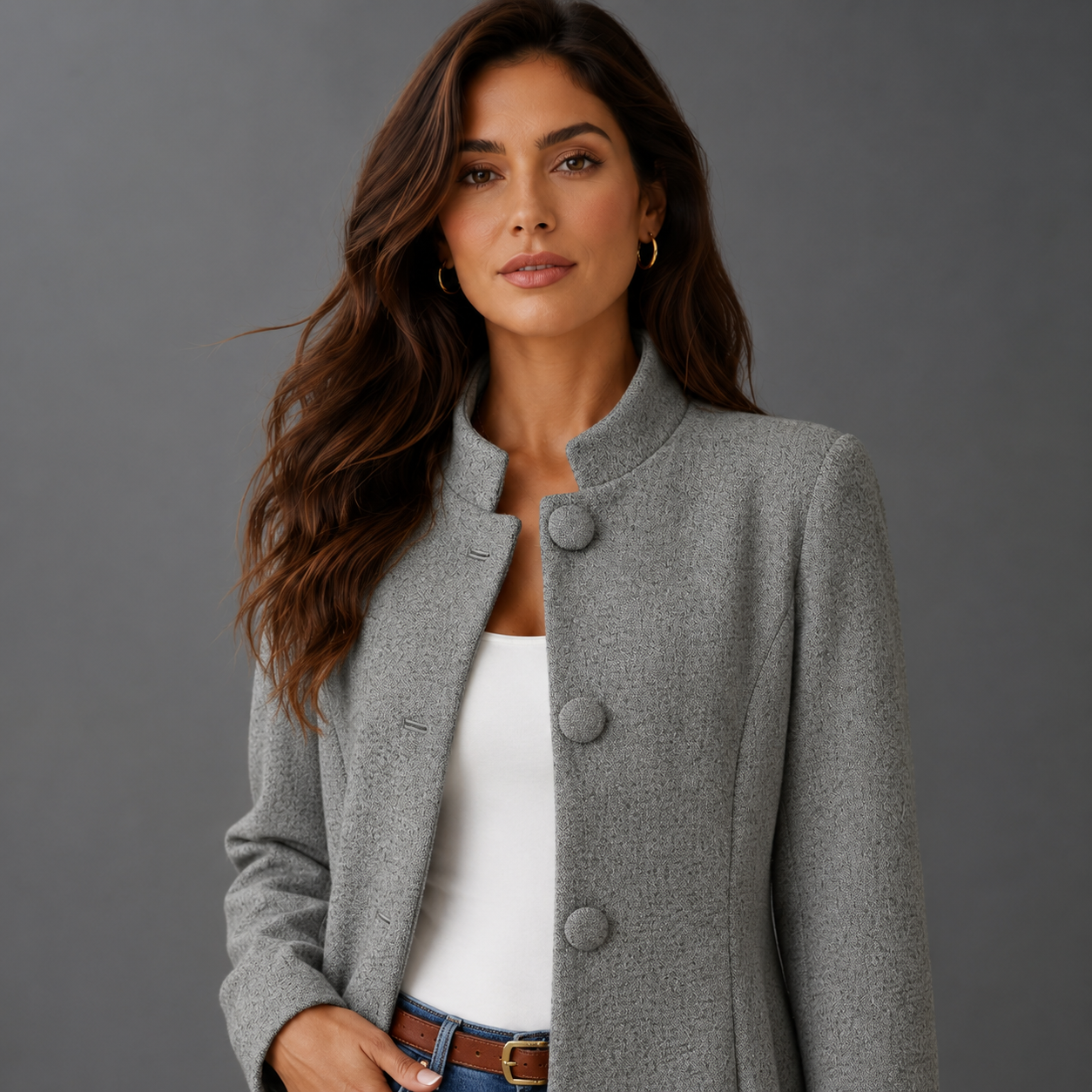 Women's Mid-Length A-Line Coat – Button Front Closure with Stand Collar