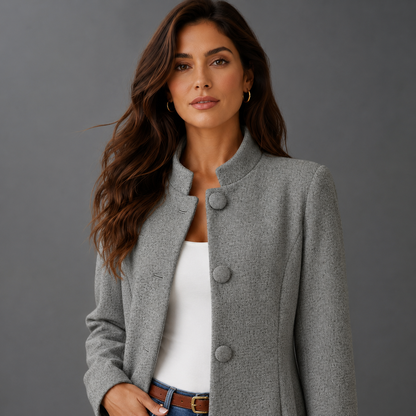 Women's Mid-Length A-Line Coat – Button Front Closure with Stand Collar