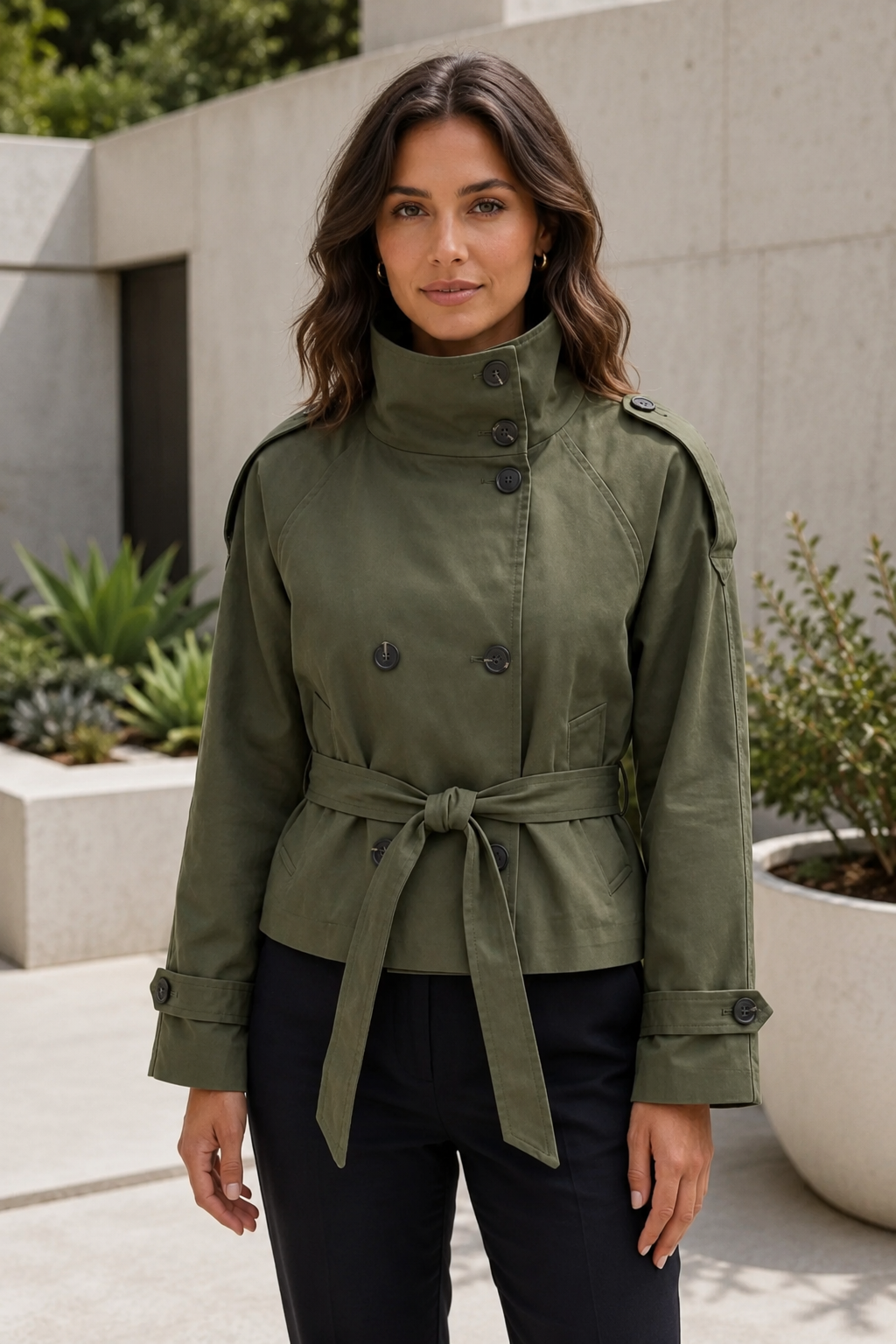 Women's Short Trench Coat – Double-Breasted Design with Waist Belt