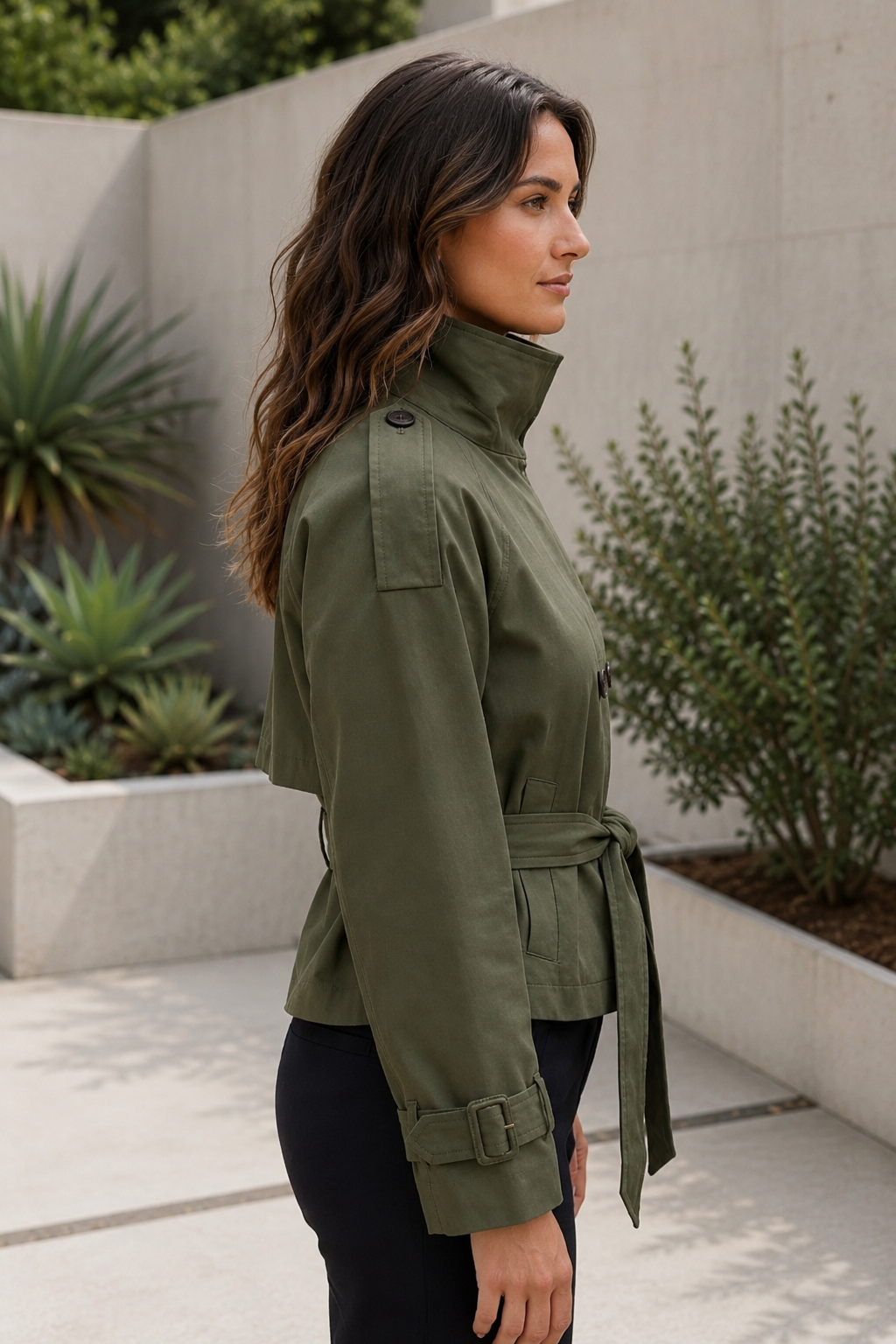 Women's Short Trench Coat – Double-Breasted Design with Waist Belt