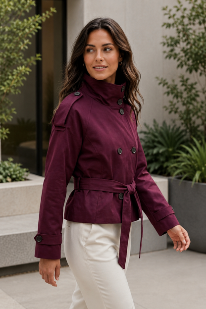 Women's Short Trench Coat – Double-Breasted Design with Waist Belt
