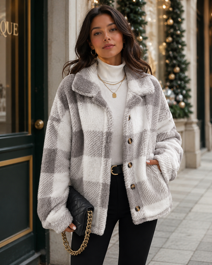 Women's Plaid Winter Jacket with Button-Up